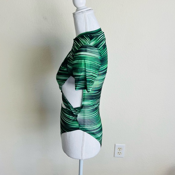 Green & Black Striped Mesh Strappy Criss Cross Short Sleeve Cut Out Bodysuit - Picture 2 of 6